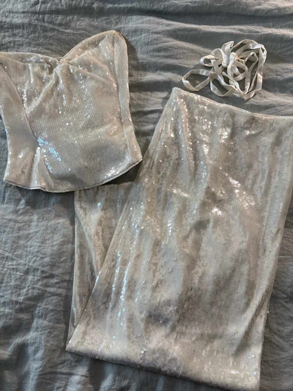 Mare Mare Anthropologie Sequin Shine Corset & Maxi Skirt Set Ivory Small
